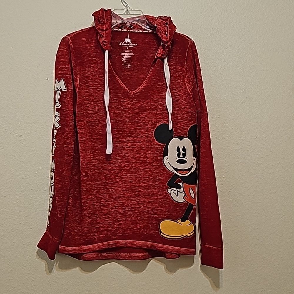 Disney Parks Womens Red Mickey Mouse Long Sleeve Pullover Hooded T-Shirt Size S